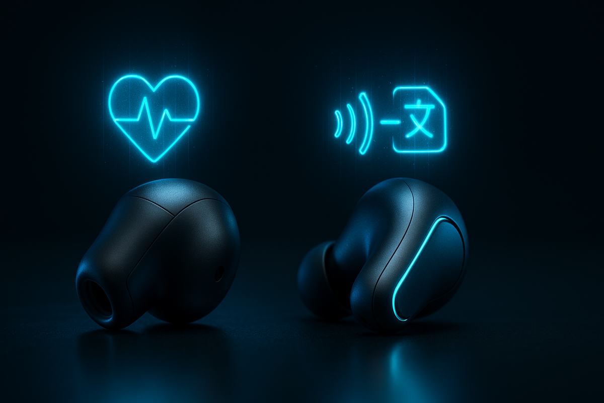 Close-up futuristic earbuds glowing with neon heart rate and translation icons—AI-powered AirPods Pro 3 innovation, cutting-edge wearable excitement