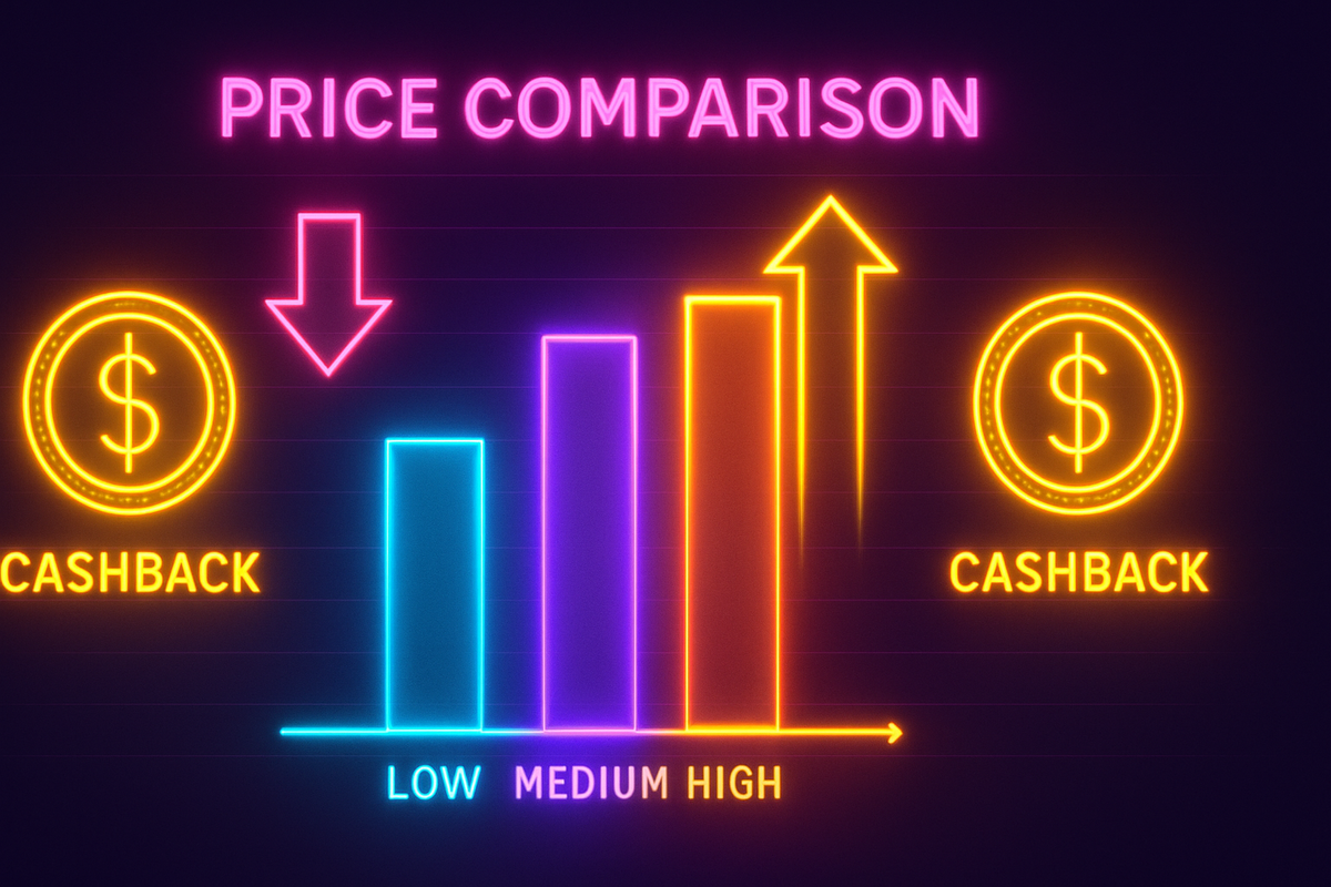 Neon bar chart glowing with cashback coins—bold price comparison graphic with rising arrows, dynamic savings visual full of urgency
