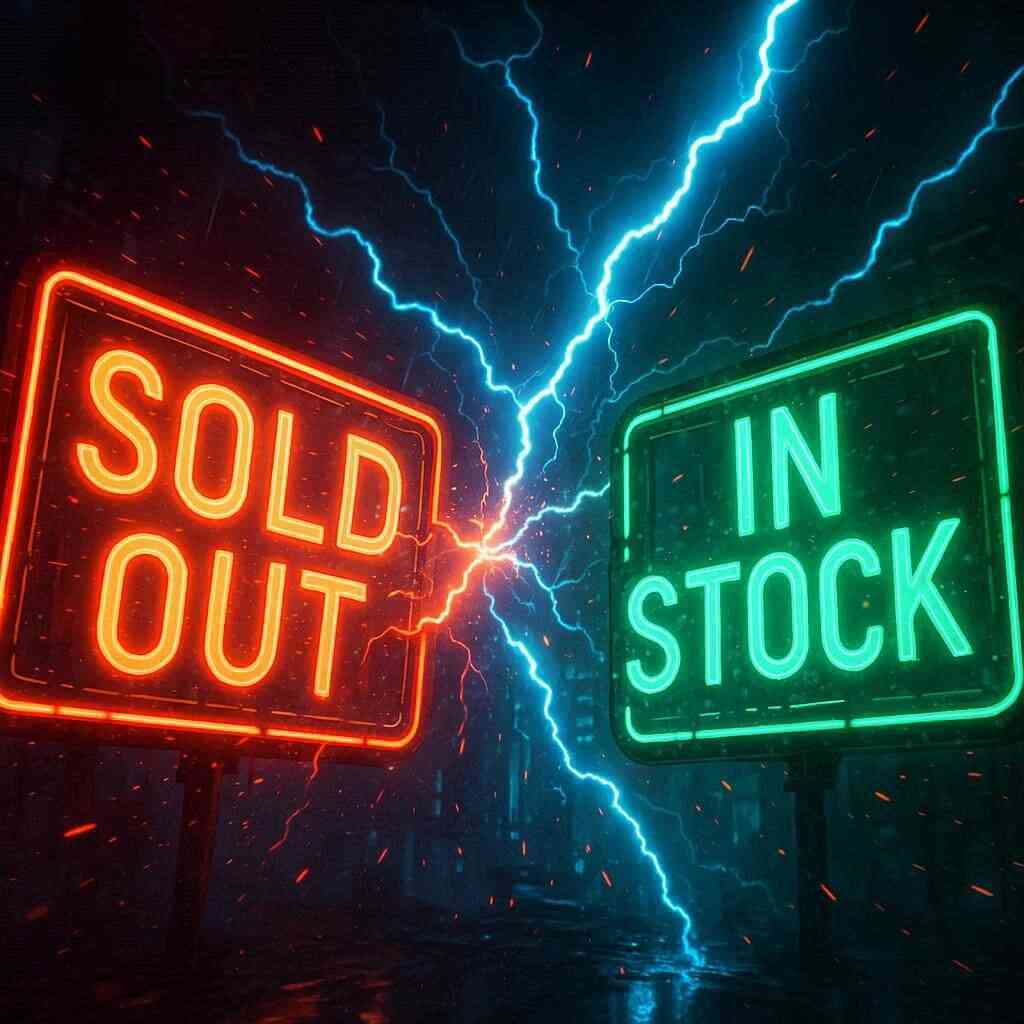 Explosive neon “SOLD OUT” vs “IN STOCK” battle—stormy lightning clash symbolizing intense stock scarcity, heated buying frenzy tension