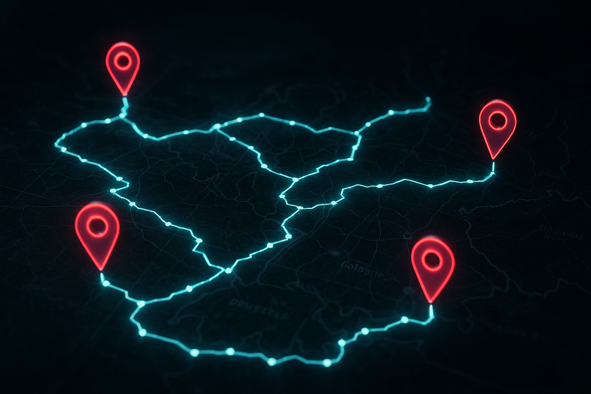 Dark glowing map with neon waypoints connected by electric blue lines—strategic supply chain route visualization, tech hunt journey energy