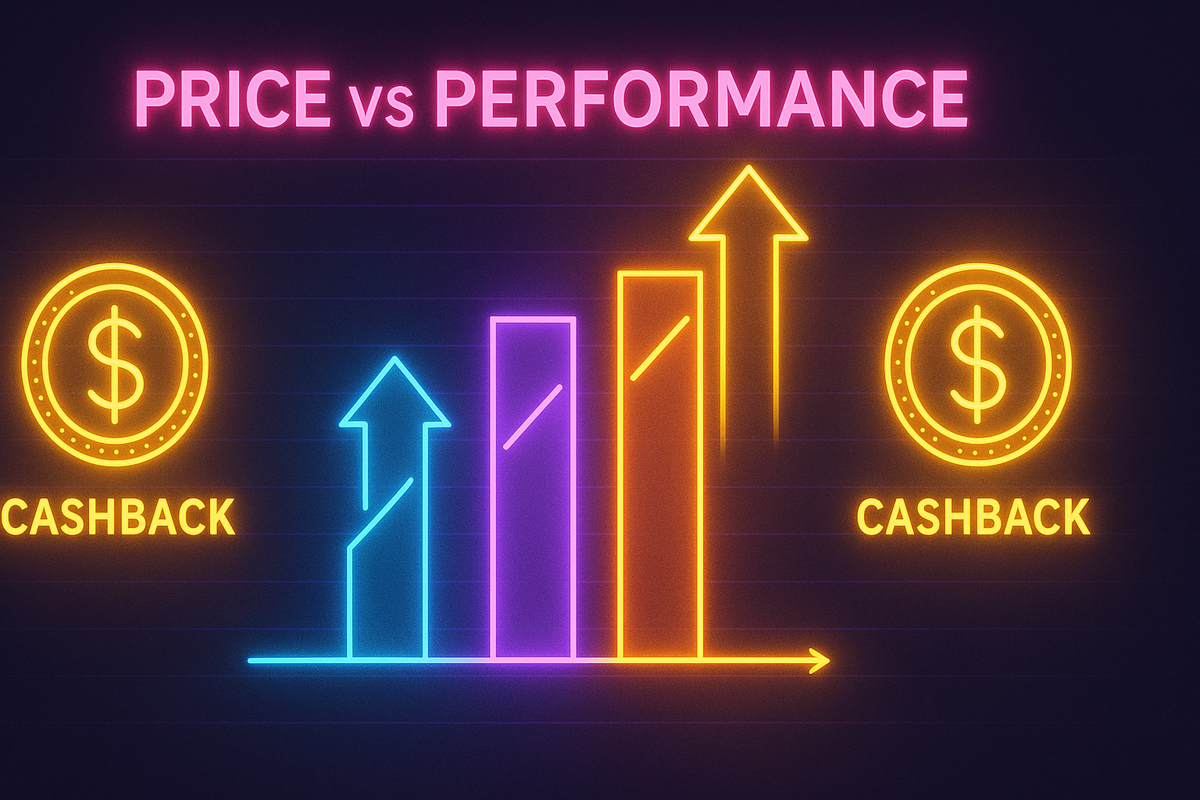 Vibrant neon chart comparing price vs performance—bold cashback highlights, thrilling savings energy, decisive buyer insight visual