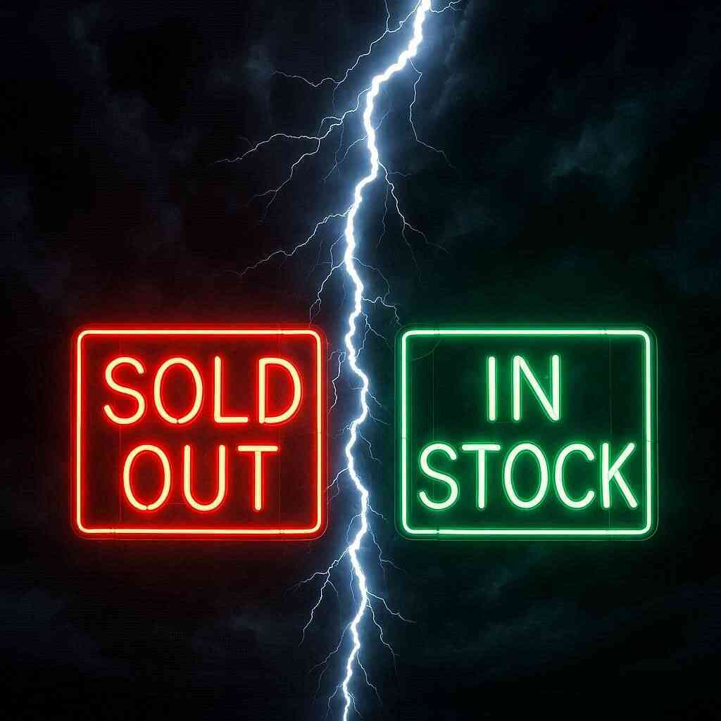 Dramatic lightning splitting SOLD OUT and IN STOCK neon signs—tense pre-order battle, urgency and scarcity, electrifying hype