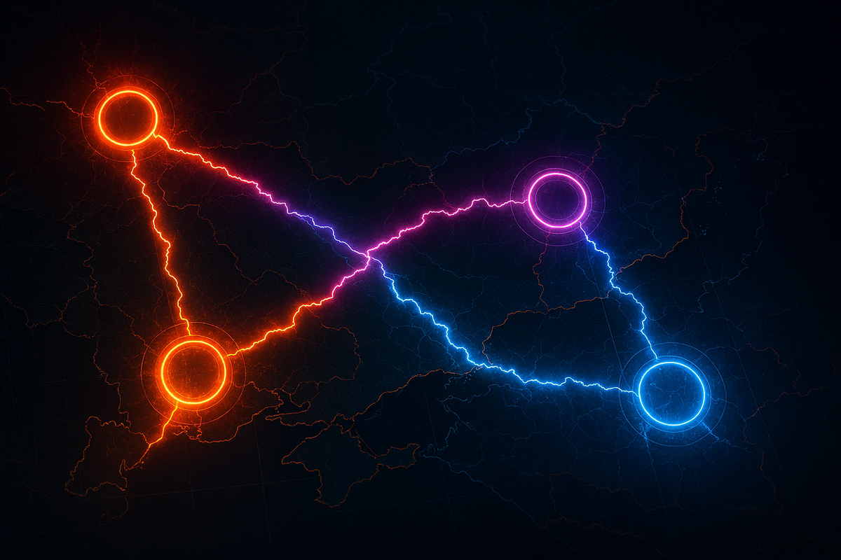 Futuristic neon lightning network connecting glowing points on a map—high-speed connectivity, energy-charged routes, global power vibes