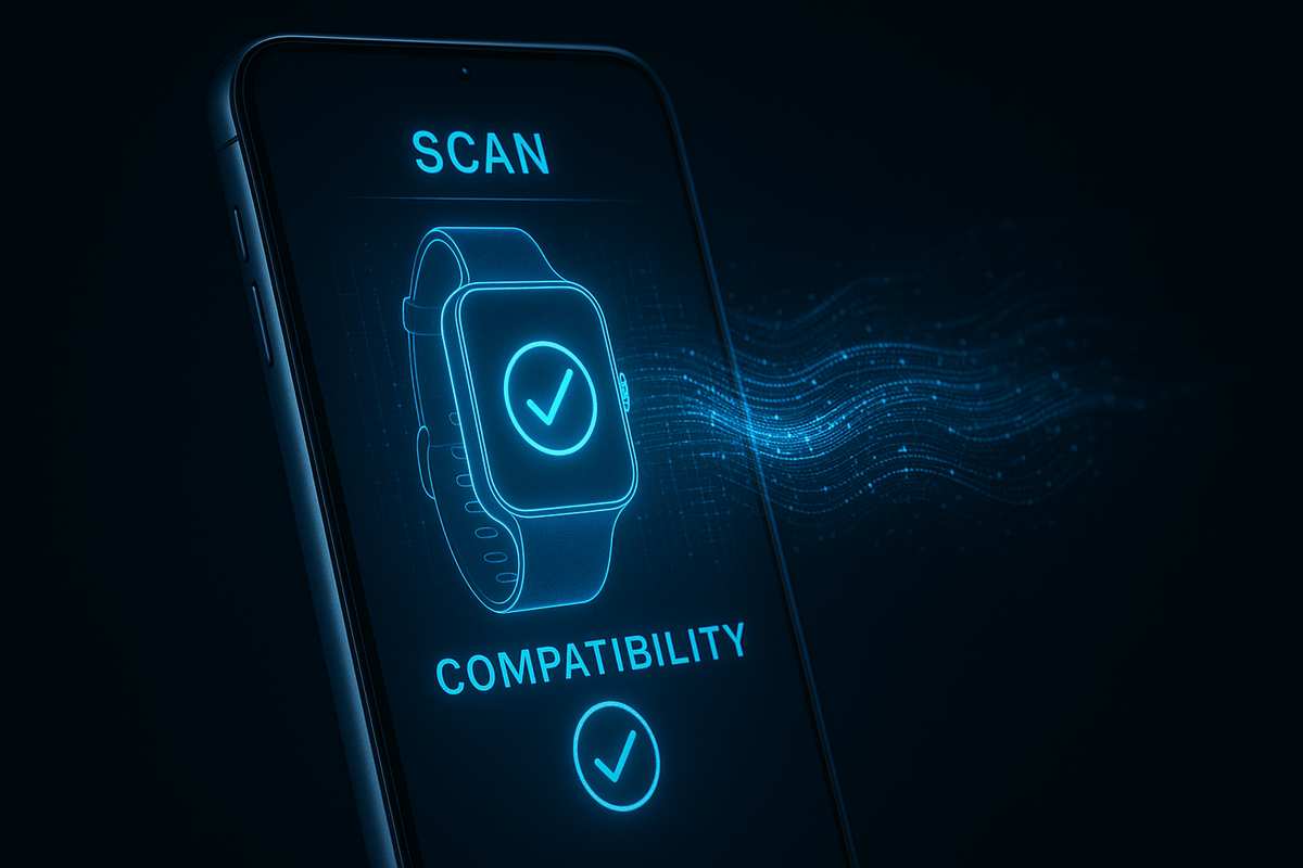 Holographic smartwatch compatibility scan on smartphone screen, digital blue light waves, sleek futuristic tech validation