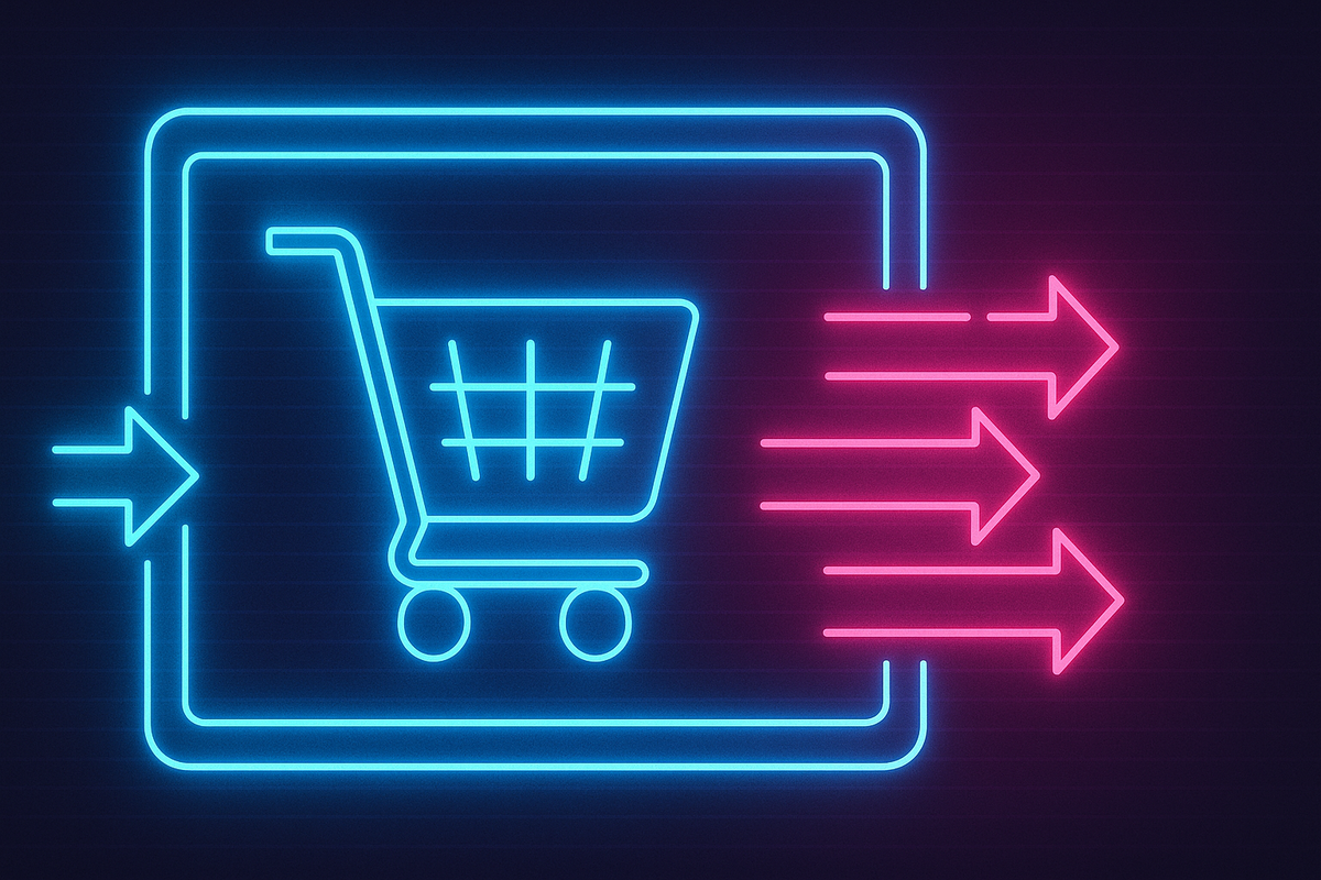 Neon shopping cart with fast-moving arrows, urgent e-commerce checkout flow, bold electric excitement