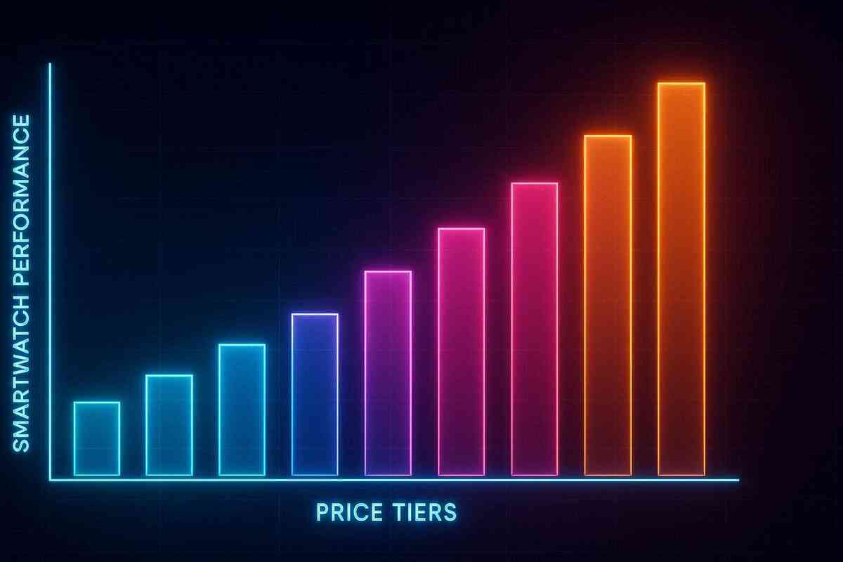 Vibrant bar chart of smartwatch performance vs price tiers, glowing neon colors, clear upgrade value hierarchy