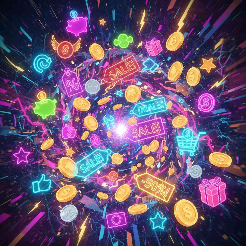 Colorful explosion of sale icons, cashback coins, and discount tags in neon swirl, festival of deals, electrifying shopping energy