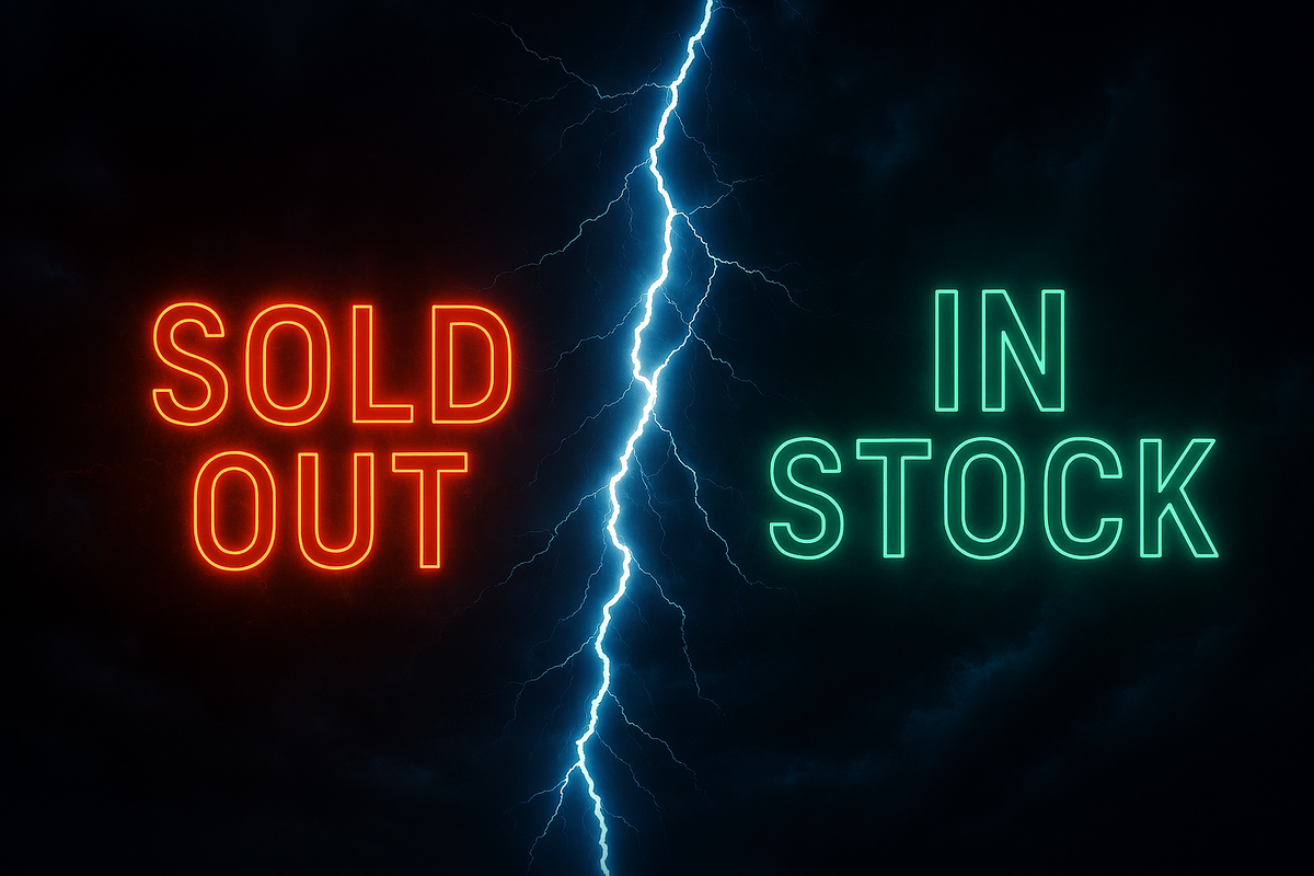 Split neon signs “SOLD OUT” vs “IN STOCK” with lightning strike, tense inventory drama, thrilling buying rush