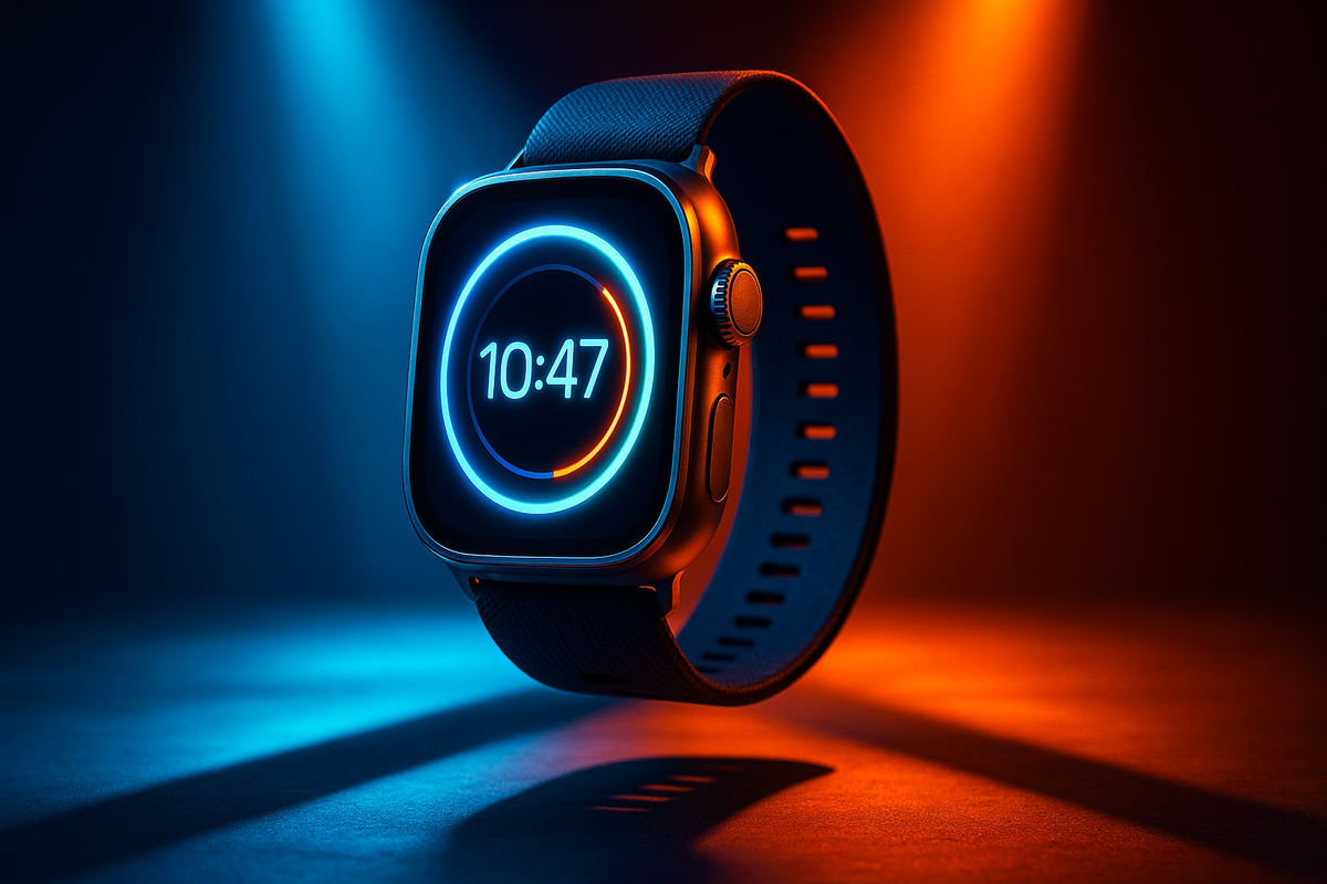 Futuristic smartwatch glowing in electric blue and fiery orange spotlight—next-gen wearable technology elegance, adrenaline-charged launch vibes