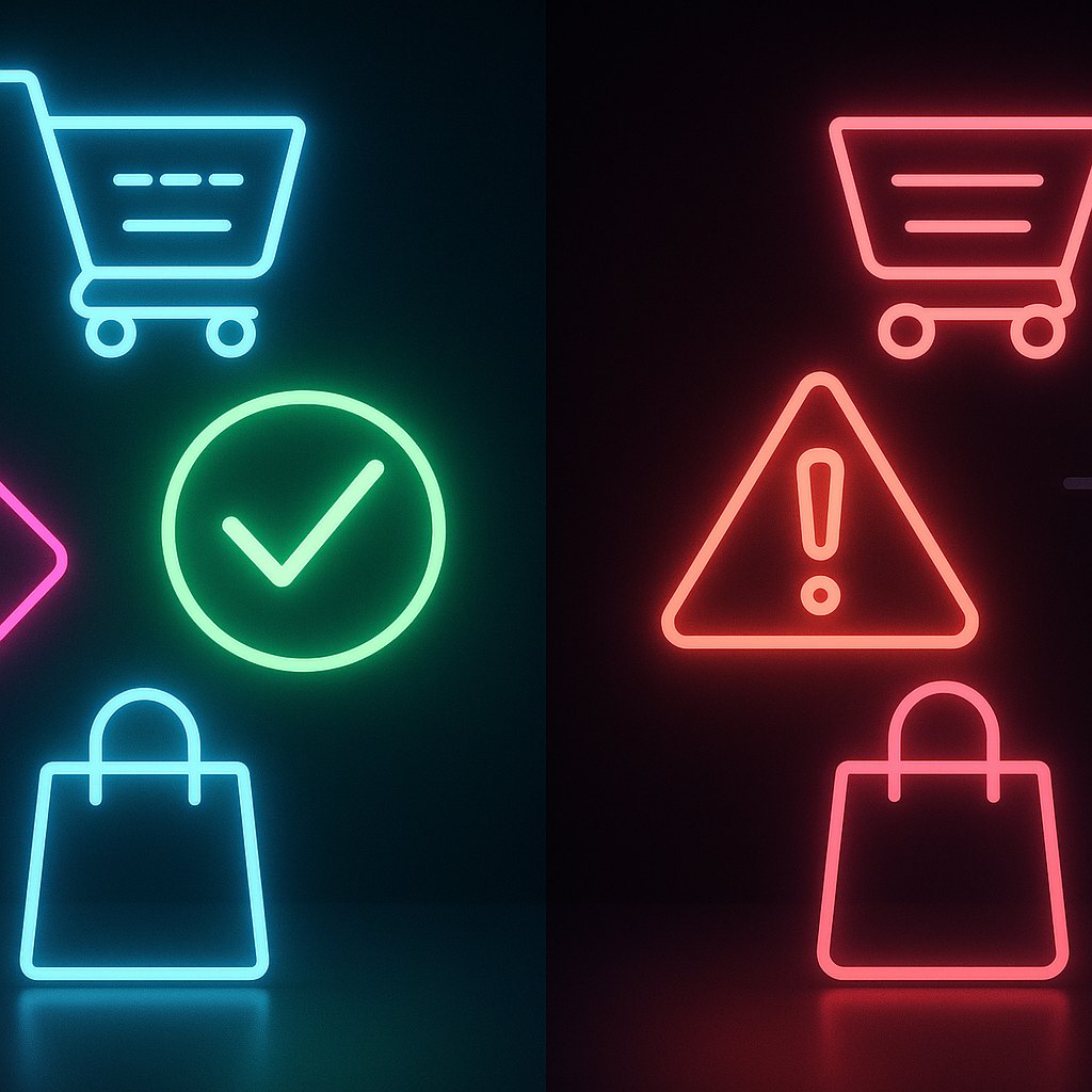 Split-screen neon shopping icons, green checkmarks, and red warning signs—dynamic risk vs reward shopping guide, emotional decision-making energy