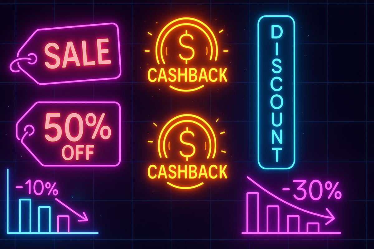 Neon sale tags, cashback coins, and discount percentages bursting with color—thrilling savings storm, irresistible shopping rush