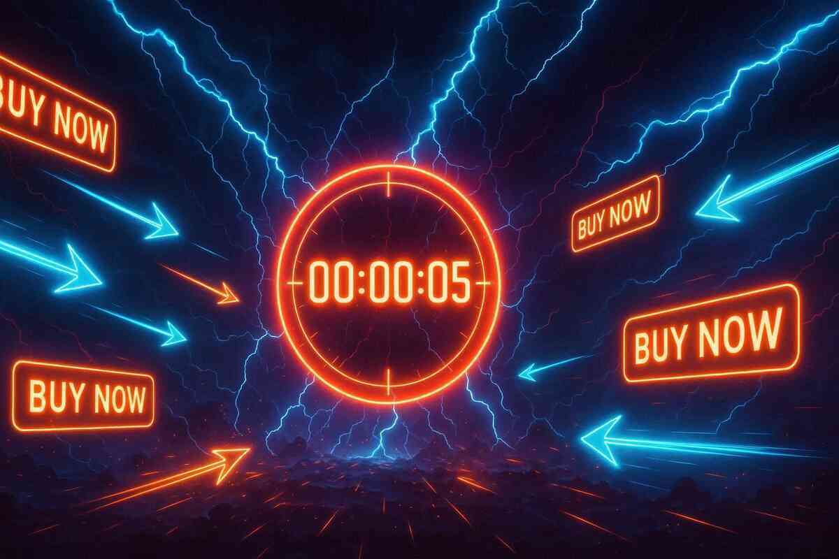 Countdown clock electrified with neon lightning and BUY NOW arrows—urgent flash sale pressure, dramatic high-stakes shopping moment