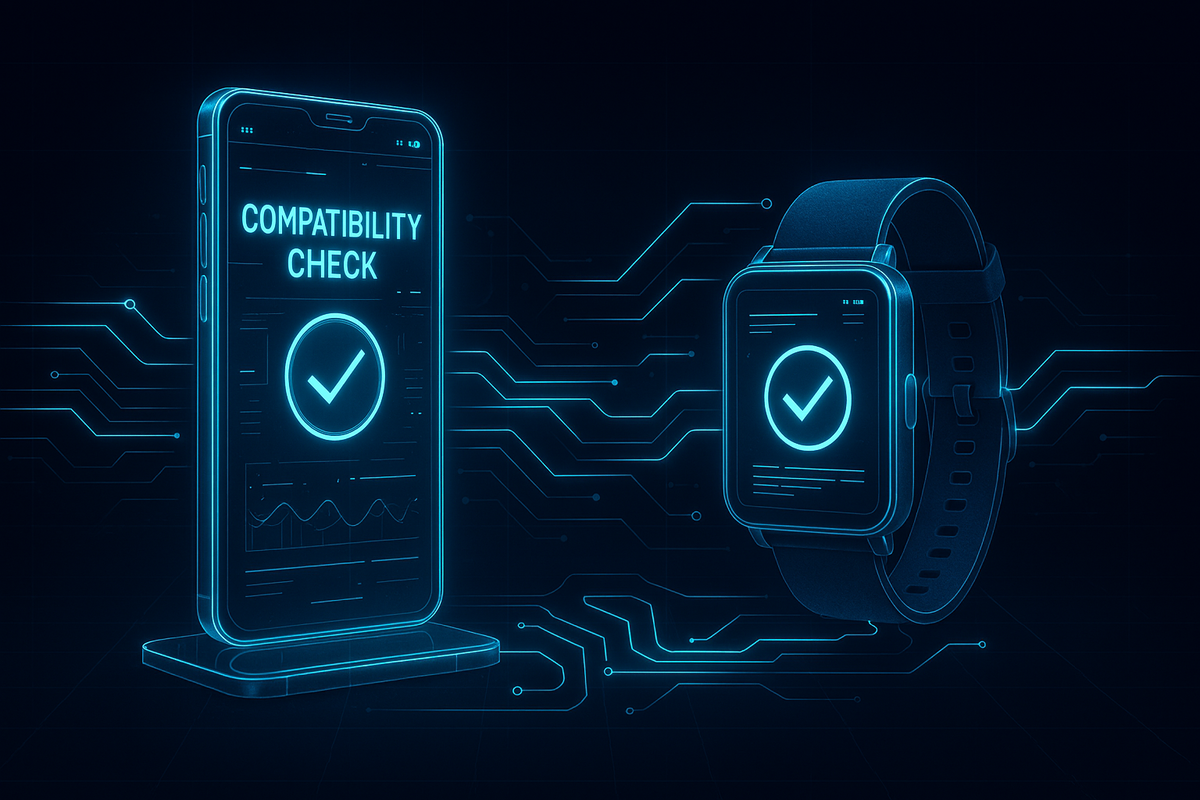 Futuristic smartphone and smartwatch compatibility scan glowing in neon blue—cutting-edge tech harmony, seamless pairing excitement
