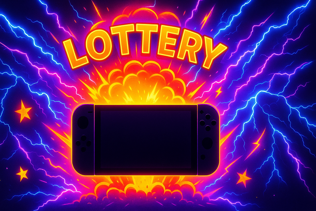 Nintendo Switch silhouette exploding with lightning bolts and stars under a blazing “LOTTERY” banner—adrenaline-charged pre-order chaos, ultimate hype energy