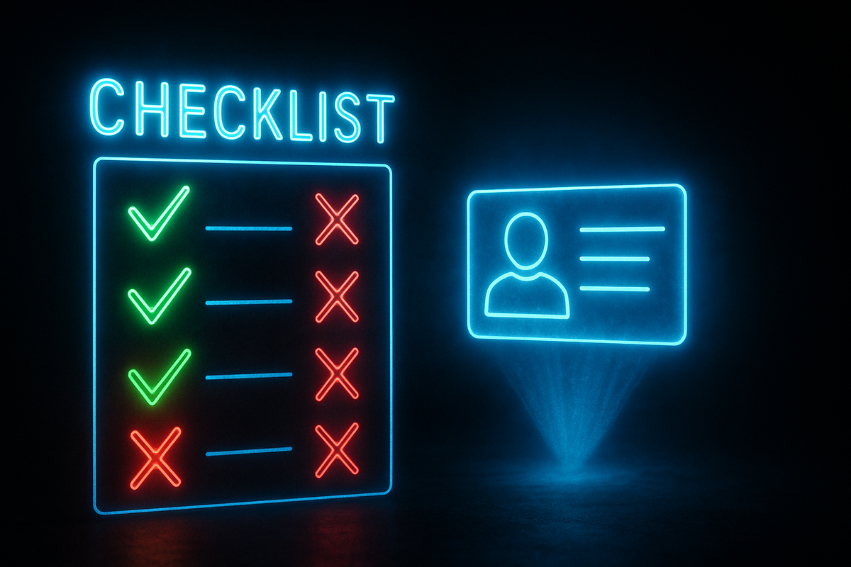 Holographic neon checklist with glowing green checkmarks and red Xs, ID card hovering beside—intense eligibility rules, high-stakes verification drama