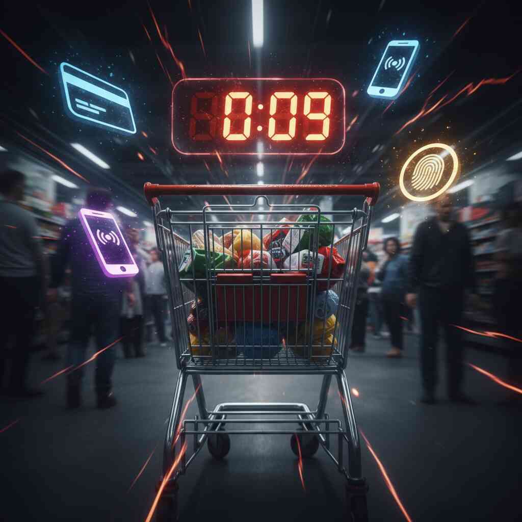 Shopping cart in a crowded store aisle under a blazing countdown timer—payment icons glowing, pressure-filled 48-hour purchase frenzy energy