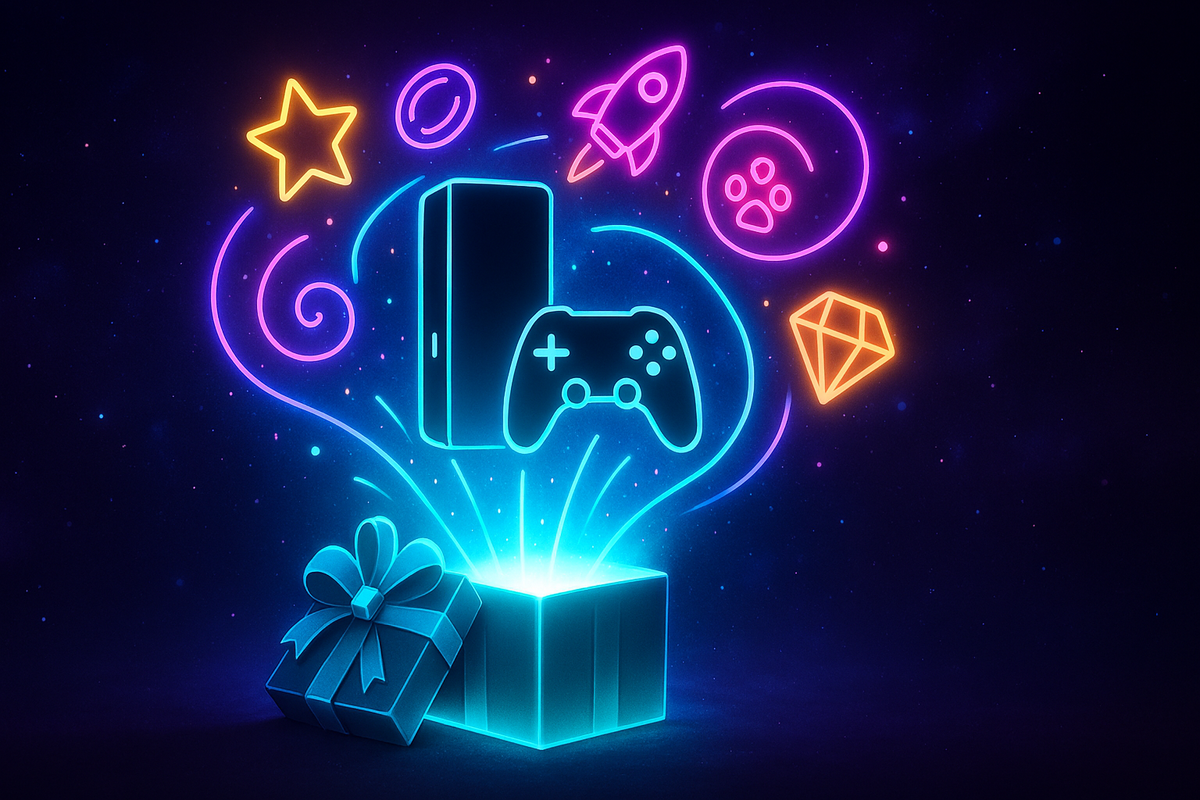 Neon gift box bursting with game console, controller, stars, rockets, and gems—magical unboxing moment, collector’s joy, treasure chest excitement
