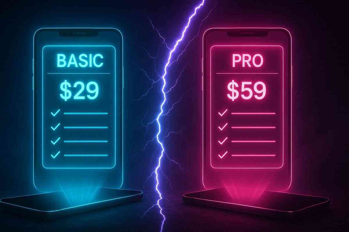 Split-screen neon smartphones labeled BASIC vs PRO, glowing lightning bolt between—dramatic plan comparison, high-stakes pricing showdown, decisive energy