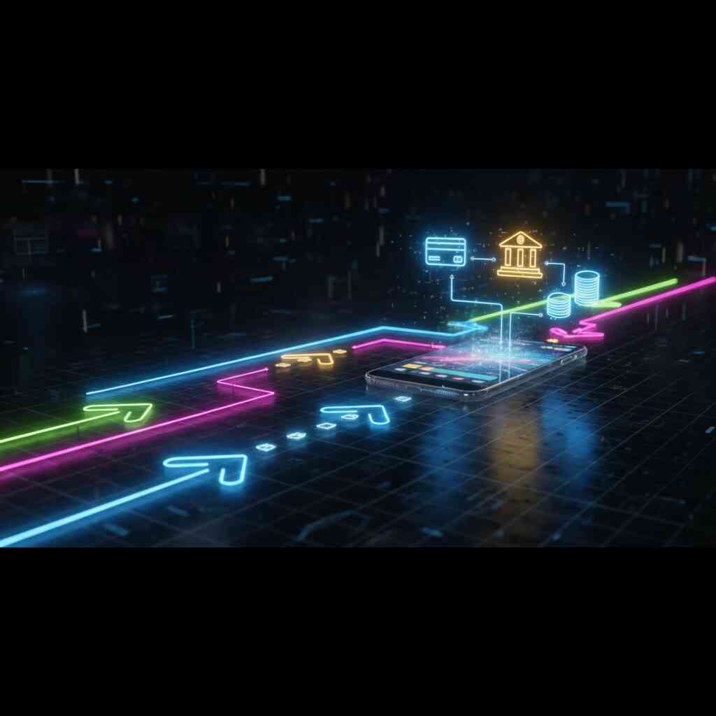 Step-by-step neon arrows guiding toward a glowing smartphone with payment icons—dynamic upgrade journey, clear shopping path, digital flow energy