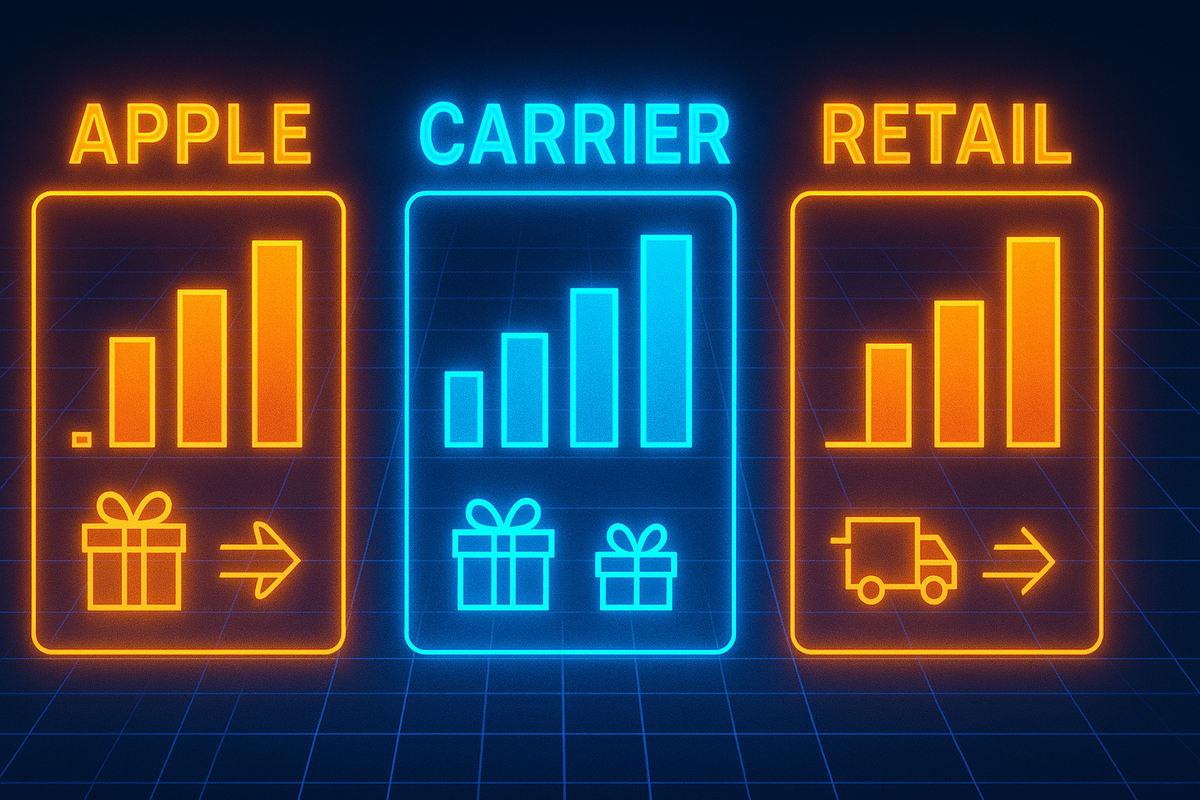 Side-by-side Apple, carrier, and retail deal comparison glowing in neon—strategic shopping battlefield, crystal-clear decision energy