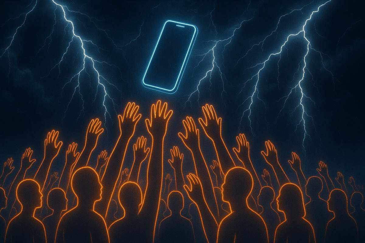 Crowd of glowing hands reaching for a floating smartphone under electric storm—intense hype, scarcity tension, electrifying tech desire