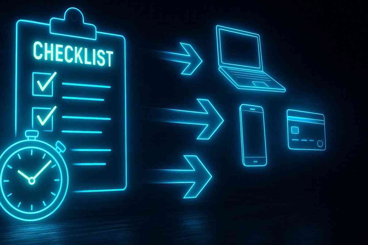 Neon checklist and arrows toward laptop, phone, and card—strategic preparation guide, laser-focused planning, glowing cyber precision