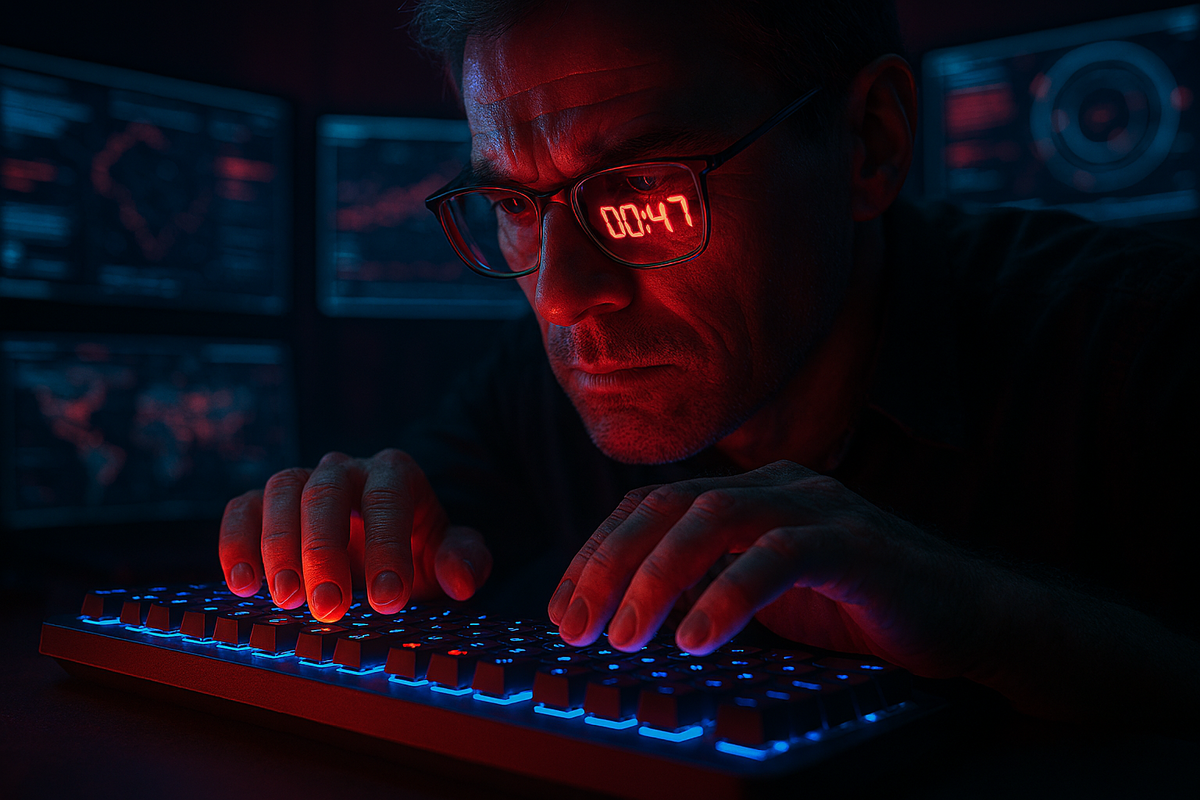 Focused man in red neon light with countdown reflected in glasses—adrenaline-fueled tension, intense competition, hacker-level preorder strategy