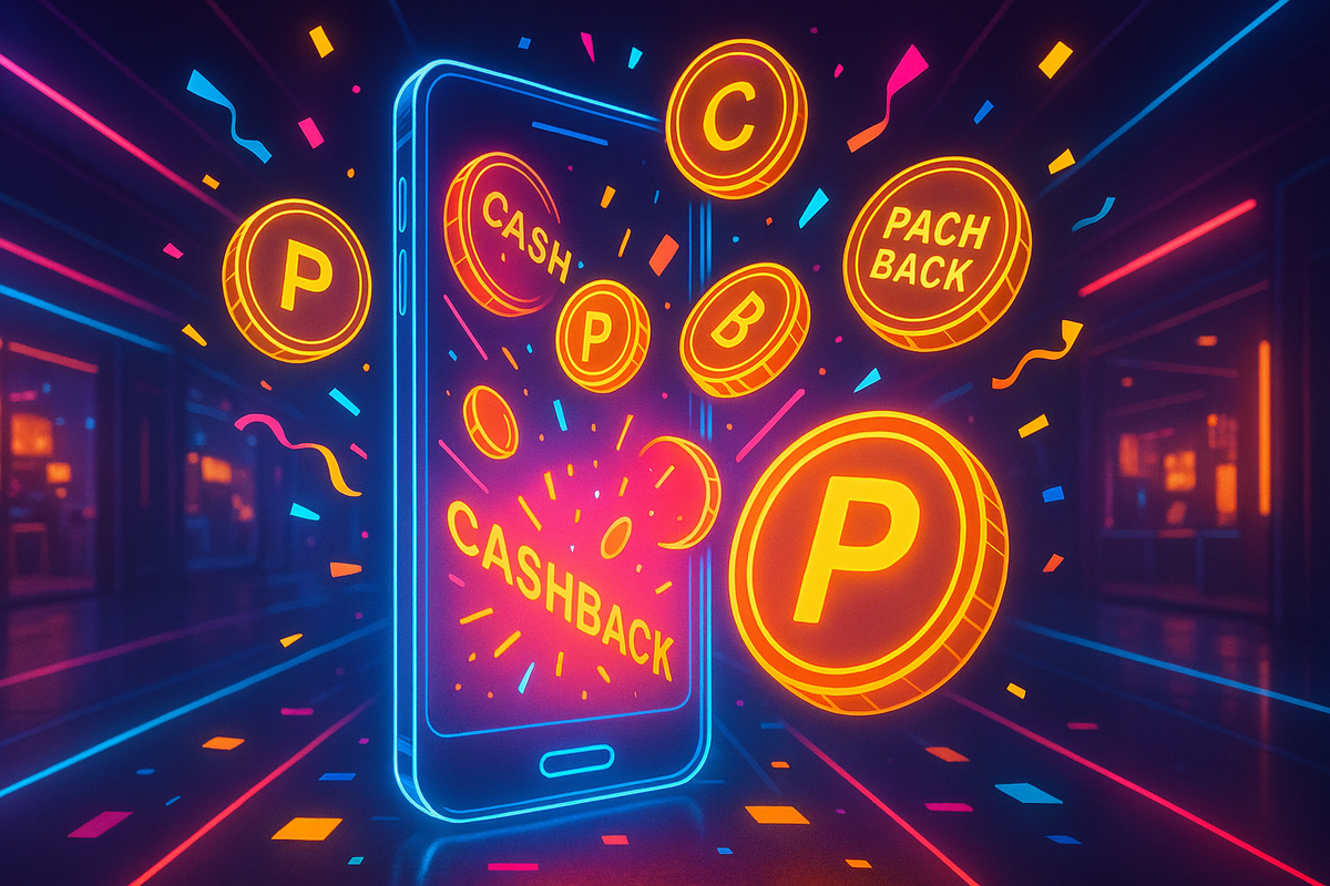 Neon cashback coins bursting from smartphone—celebratory shopping energy, vibrant savings explosion, colorful festival of rewards