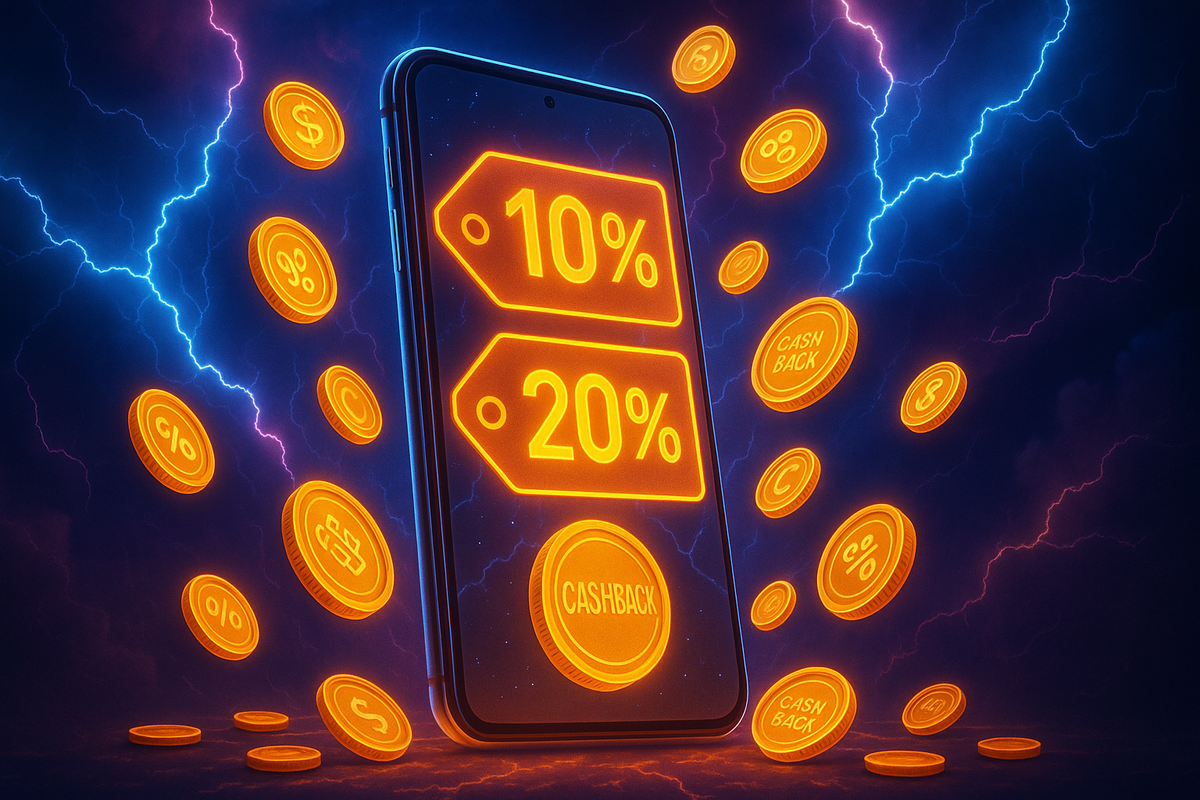 Smartphone glowing with cashback coins and discount tags in stormy neon lightning—thrilling savings, electrifying offers, irresistible deal energy
