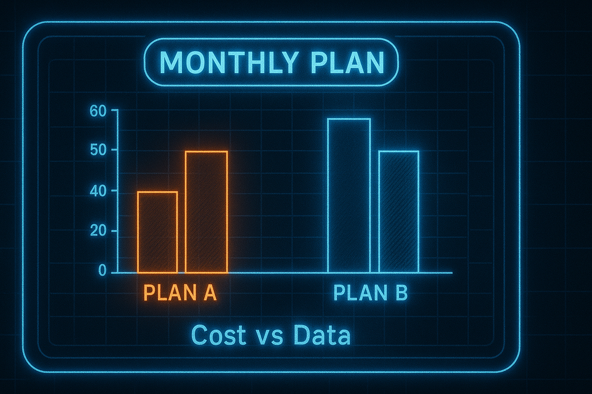Futuristic monthly plan cost vs data graph glowing in blue and orange—crystal-clear insight, strategic comparison, tech-savvy decision-making