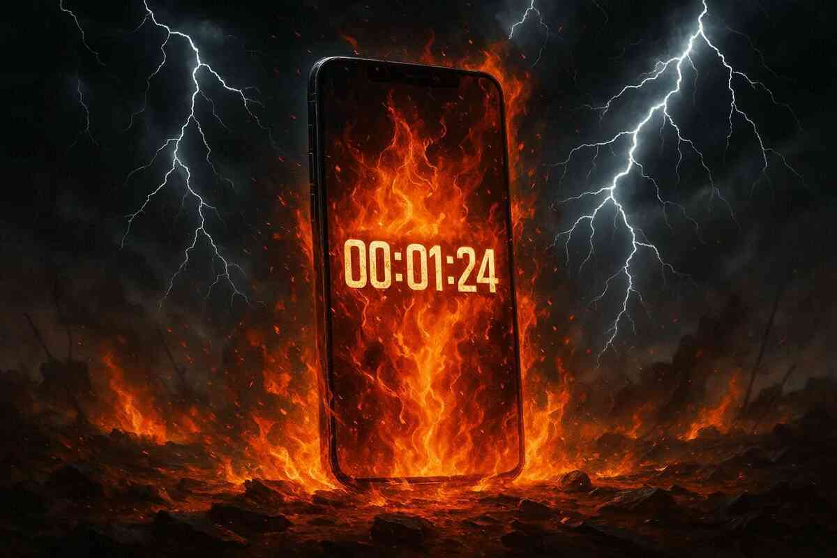 Countdown timer on smartphone engulfed in flames and lightning—intense urgency, high-stakes preorder rush, electrifying anticipation