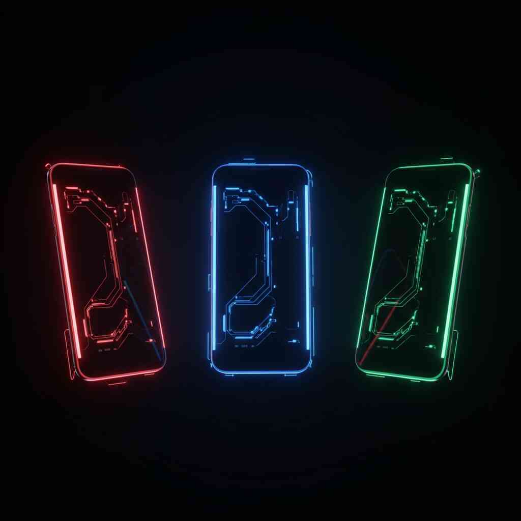 Three futuristic smartphones glowing red, blue, and green with neon circuitry—luxurious minimal design, cutting-edge technology, sleek premium vibes