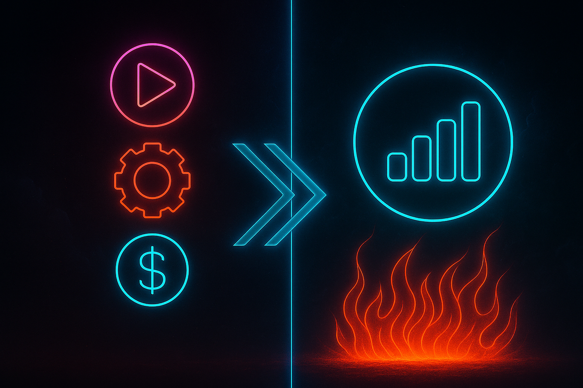 Neon icons of play, settings, and dollar transforming into blazing signal bars—dynamic strategy visual, powerful transition energy, upgrade momentum
