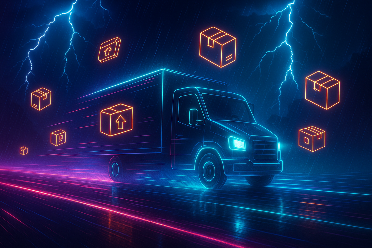 Lightning-charged neon delivery truck racing through rain with glowing floating packages—fast shipping urgency, stormy excitement, futuristic logistics
