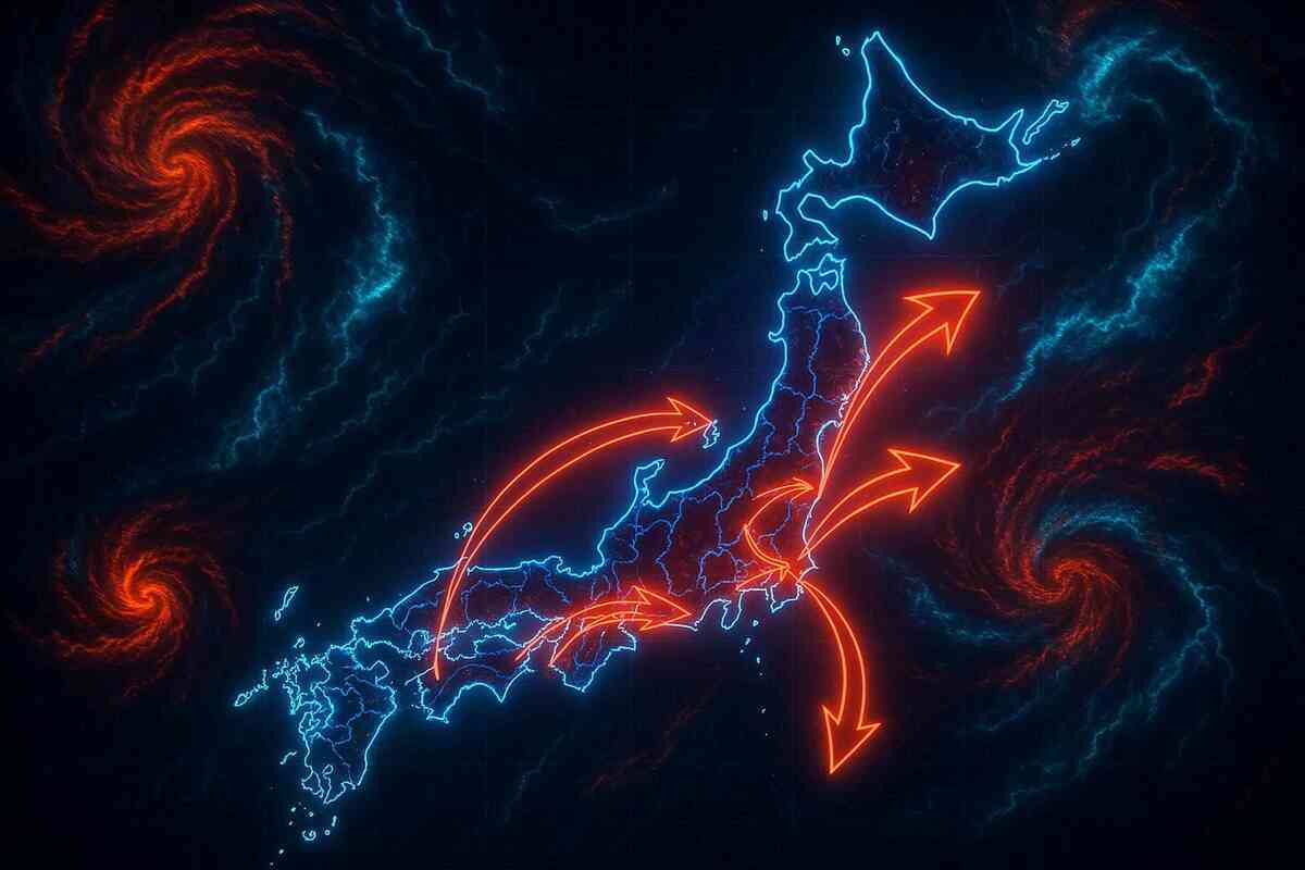Vivid neon Japan map with fiery red arrows radiating outwards, storm vortexes surrounding—nationwide shipping routes, typhoon tension, electric energy
