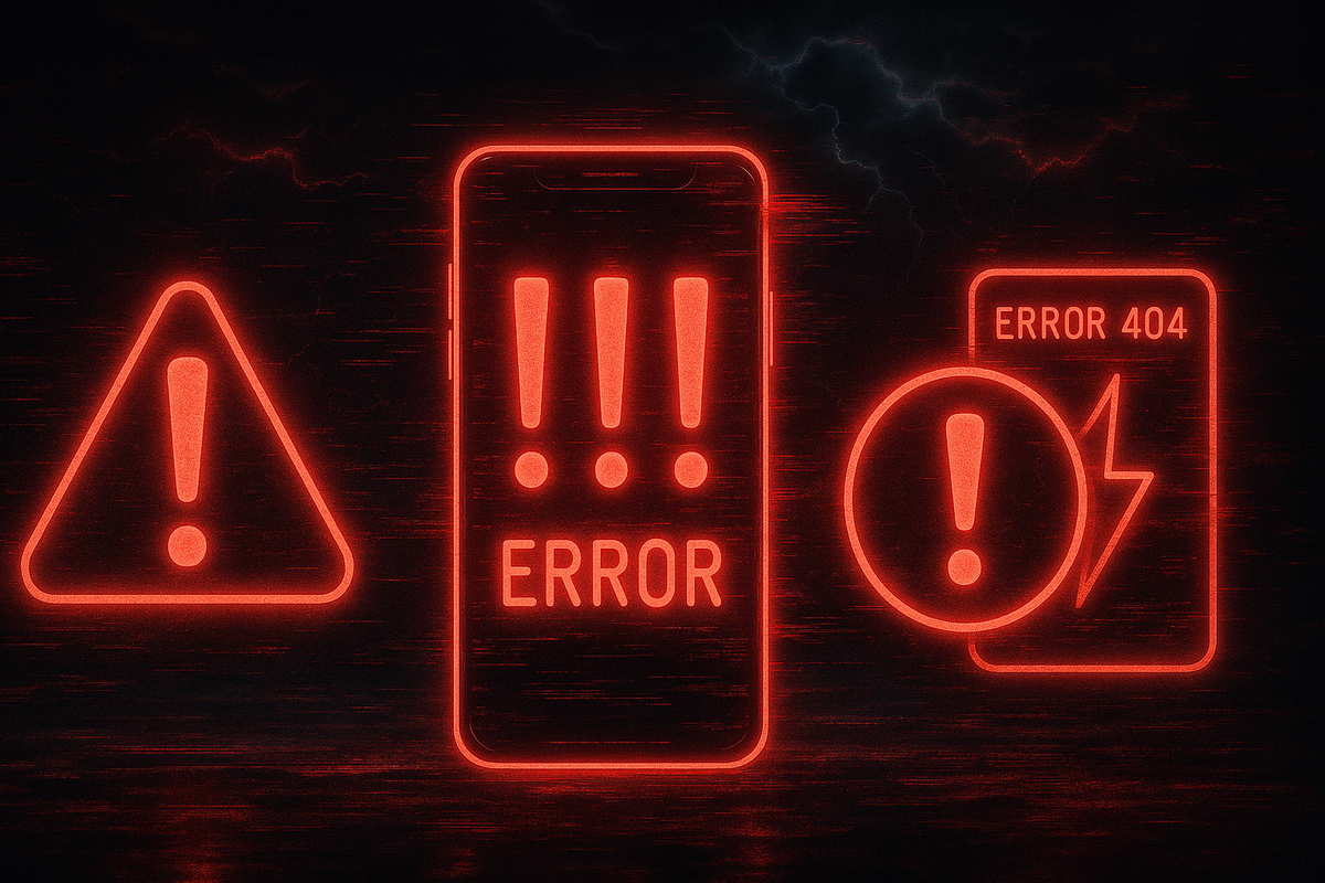 Bold neon red warning icons with “ERROR” glowing on a smartphone screen, glitchy stormy backdrop—urgent tech failure alert, high-stakes tension