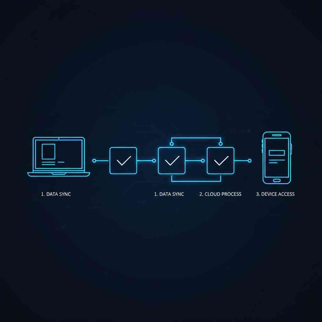 Glowing futuristic flowchart of data sync, cloud process, and device access—sleek blue neon tech graphic showing seamless step-by-step preparation