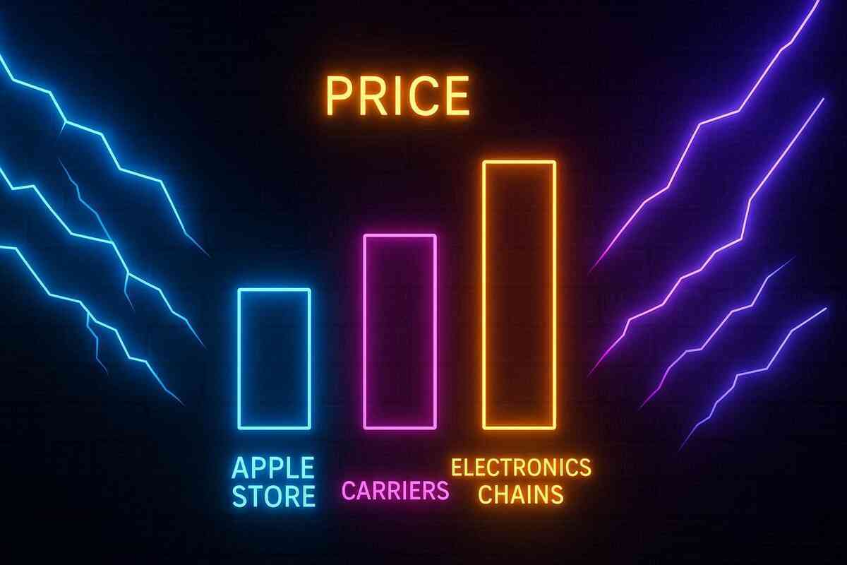 Vibrant neon bar chart comparing Apple Store, carriers, and electronics chains pricing—powerful cost analysis, competitive lightning-charged insight