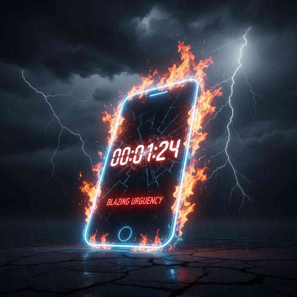 Blazing smartphone on fire with a countdown timer in stormy rain—intense urgency, dramatic preorder race energy, adrenaline-filled shopping rush