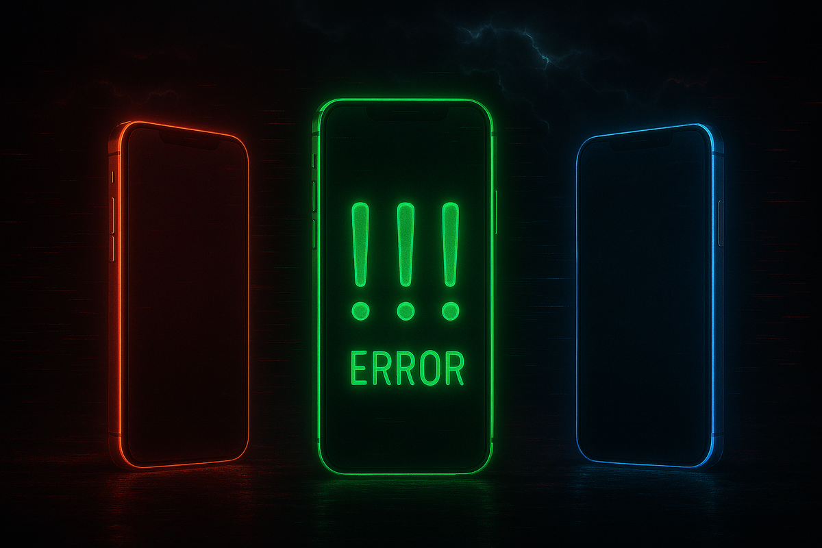 Three glowing smartphones in red, green, and blue neon with “ERROR” warning—high-stakes tech drama, critical caution alert, electrified tension