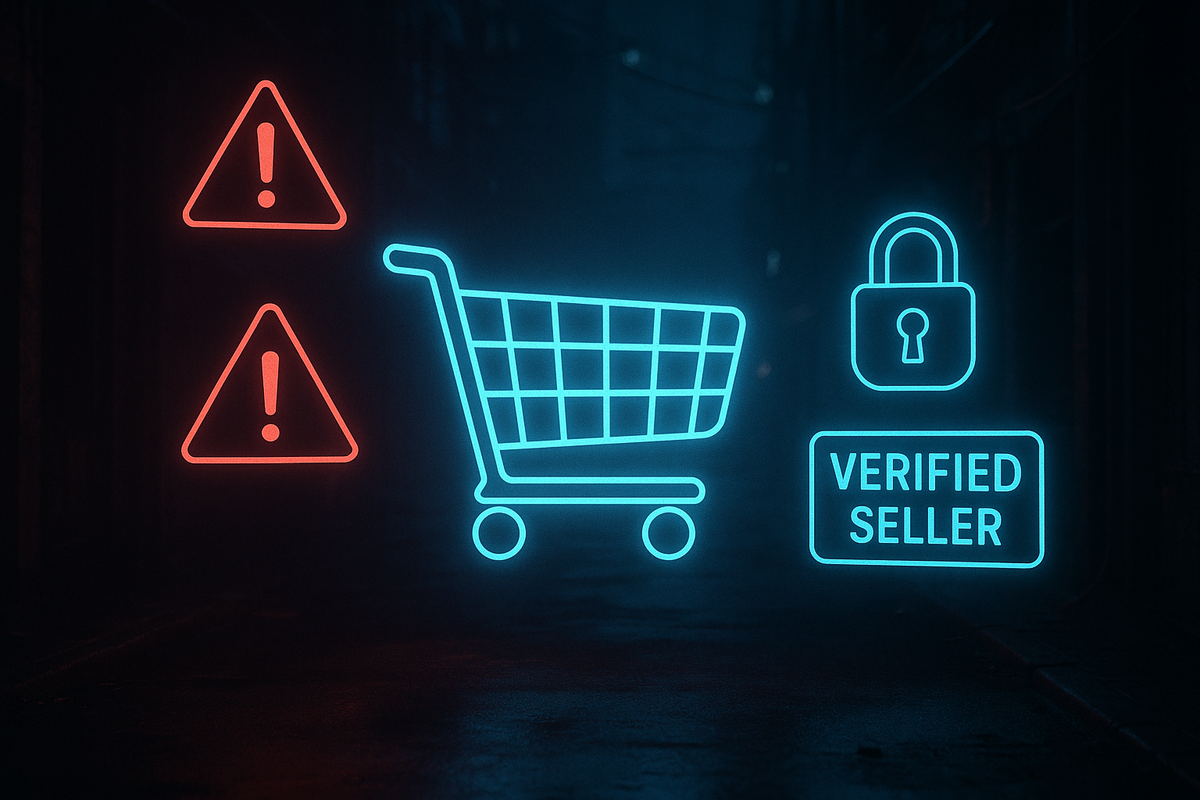 Cyberpunk shopping cart with verified seller badge and red warning signs—high-stakes Amazon purchase safety, scam alert, and trust guarantee in a dark neon alley