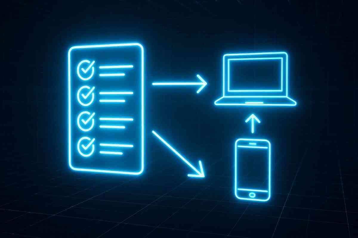 Bright neon checklist with smartphone and laptop arrows—sharp, futuristic step-by-step preparation flow for lightning-fast iPhone preorder success