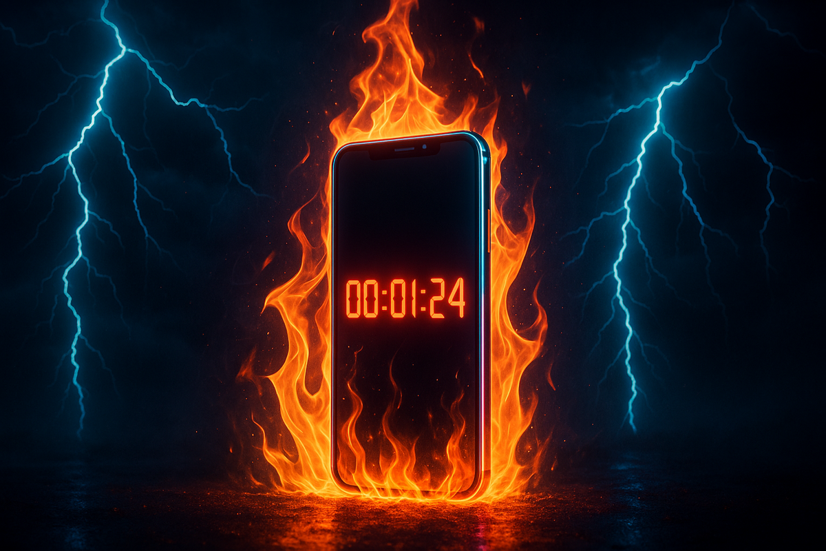 Burning smartphone countdown “00:01:24” with stormy lightning sky—adrenaline-packed urgency, intense competition vibes, dramatic preorder pressure
