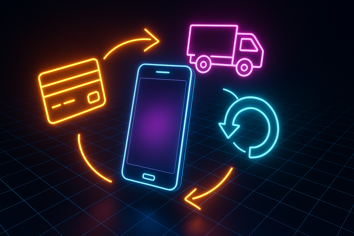 Neon credit card, truck, and circular arrows around glowing smartphone—dynamic order flow for Amazon iPhone delivery, seamless payment and return cycle energy