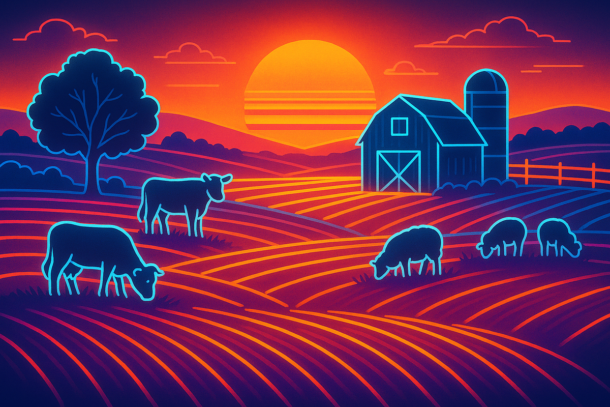 Minimal neon farm landscape with grazing cows and sheep under a glowing orange sunset—retro sunset colors, calm countryside mood, modern flat aesthetic