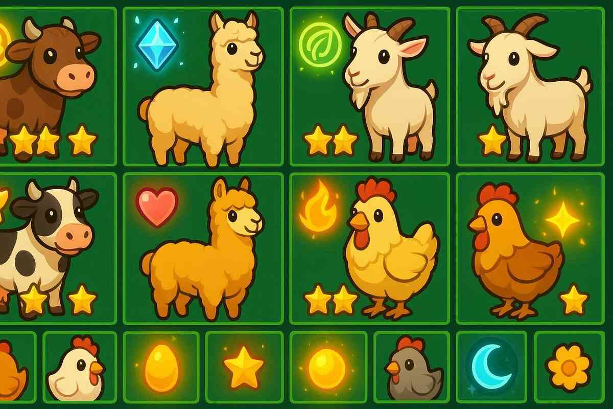 Cute farm animal character grid—llamas, goats, cows, and chickens with glowing star ratings—playful mobile game style, cheerful collectible farming joy
