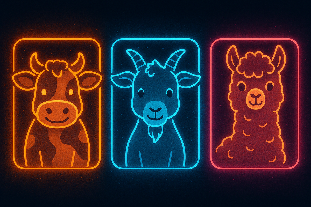 Neon portraits of cow, goat, and alpaca glowing in bold colors—stylized livestock icons, futuristic farming identity, vibrant character showcase