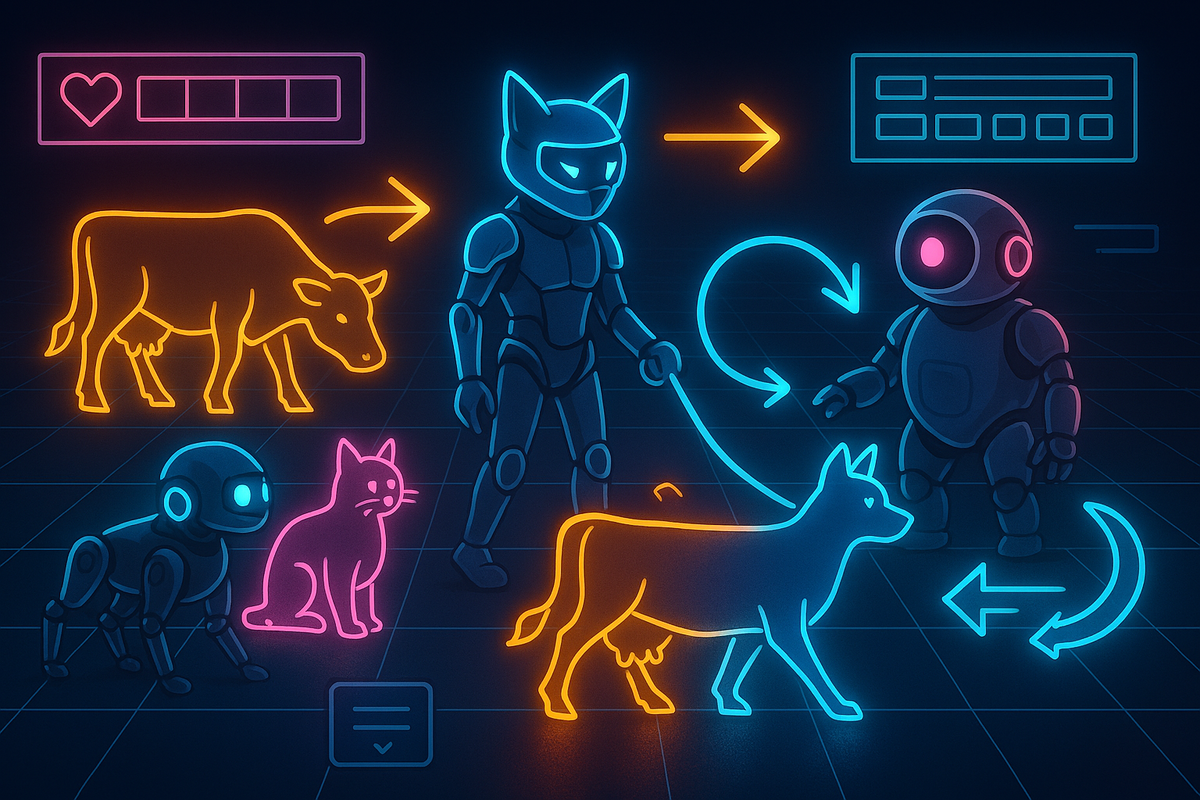 Cyberpunk neon pet AI automation chart—glowing dog and cat robots managing livestock, tech-driven farm management, futuristic innovation energy