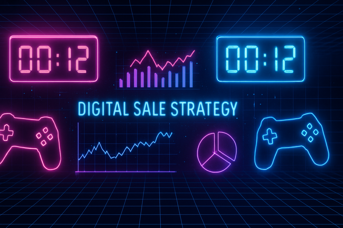Digital countdown clocks glowing with sales charts and game controllers—intense last-second rush, cyber urgency, adrenaline-fueled shopping strategy
