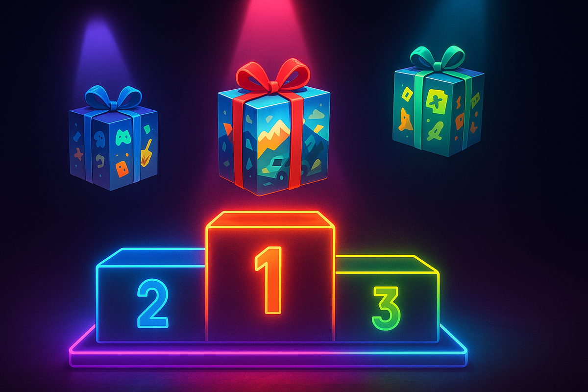 Glowing podium with wrapped game bundles—ranked rarity, collector’s dream, vibrant gaming excitement and anticipation